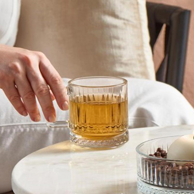 ماگ شیشهای دستهدار پاشاباغچه مدل Elysia با طراحی تراشدار و مدرن