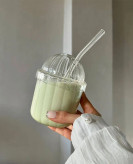 ماگ شیشهای پیرکس با نی و درب مناسب نوشیدنیهای سرد و گرم، شفاف و مقاوم