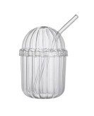 ماگ شیشهای مقاوم پیرکس همراه با نی و درب برای اسموتی و نوشیدنیهای خنک و گرم