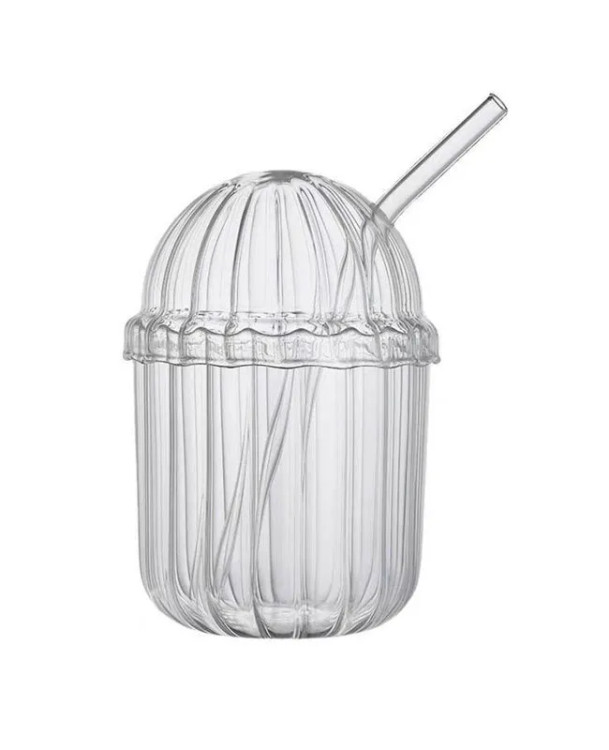 ماگ شیشهای مقاوم پیرکس همراه با نی و درب برای اسموتی و نوشیدنیهای خنک و گرم