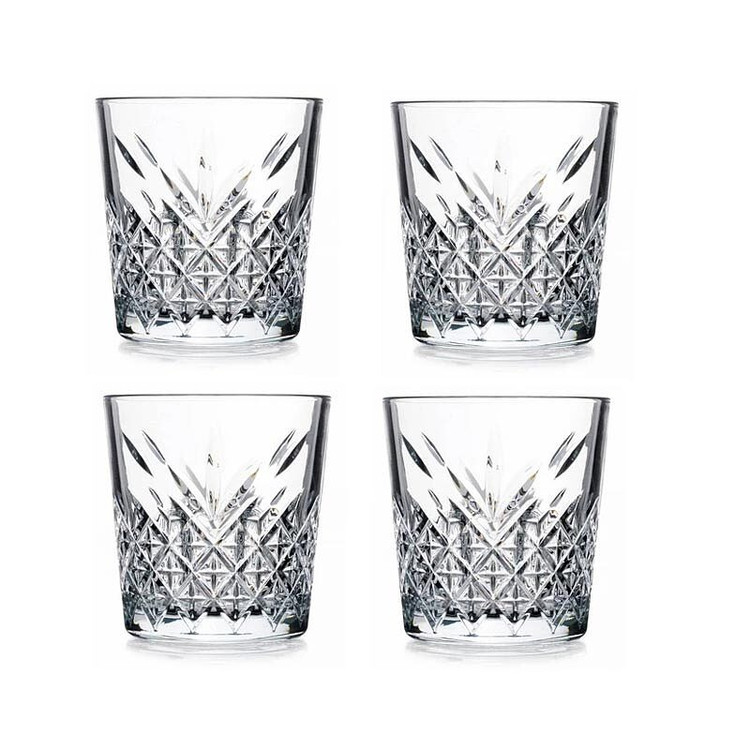 لیوان کوتاه شیشهای تراشدار مناسب سرو آب، نوشابه و آبمیوه – مدل تایملس