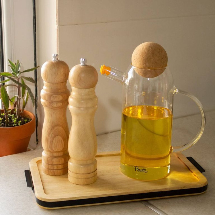 ظرف روغن پیرکس یک لیتری برند Perotti با درب چوبپنبه، بلور شفاف ترکیه