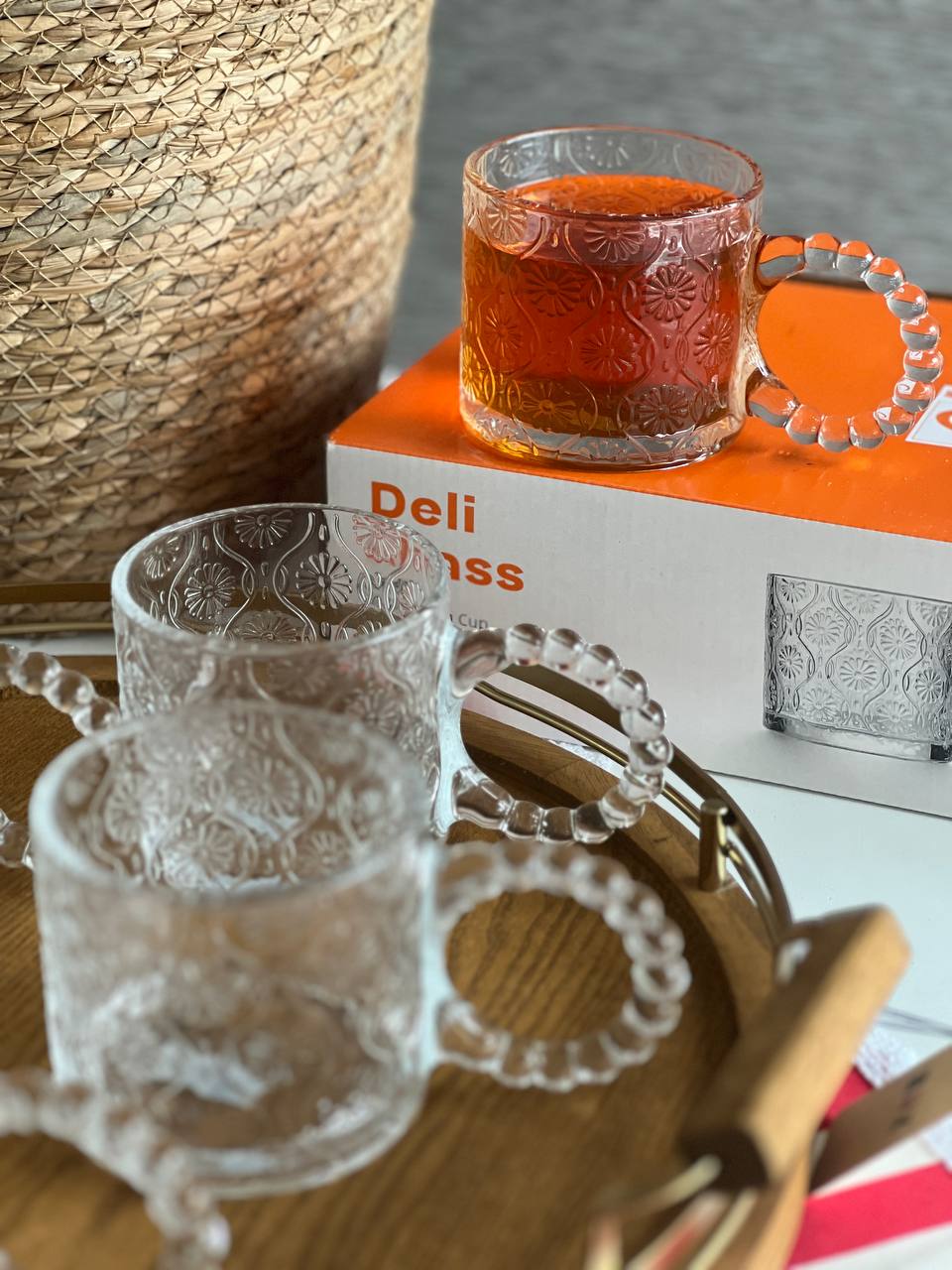 1. ست ۶ عددی ماگ دسته‌حلقه‌ای طرح گل برند Deli Glass شفاف و مقاوم