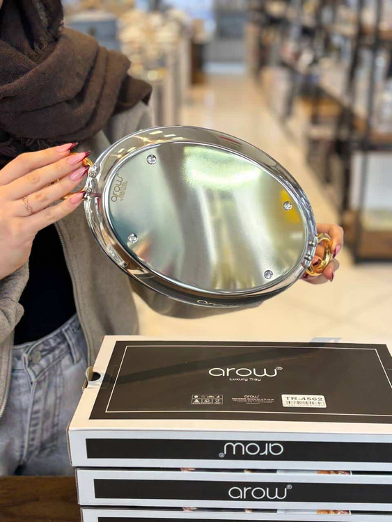 سینی پذیرایی استیل براق با دسته طلاییarow 4562