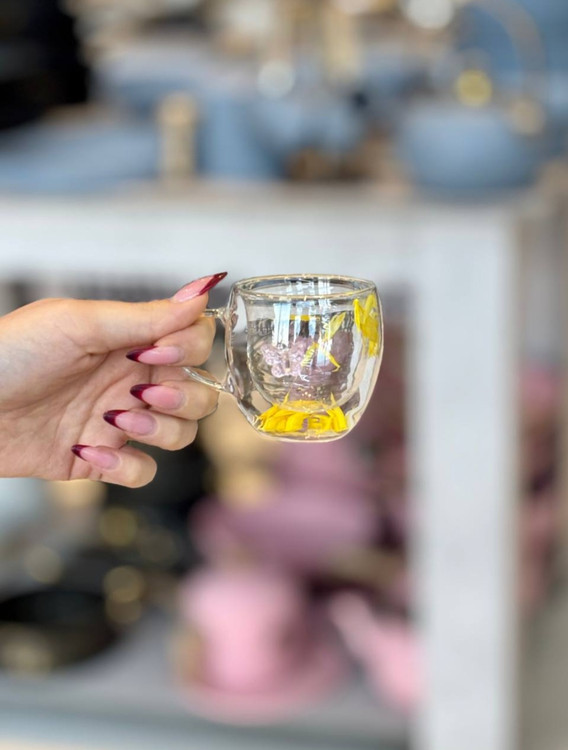 لیوان پیرکس دوجداره طرح زرد با پروانه صورتی