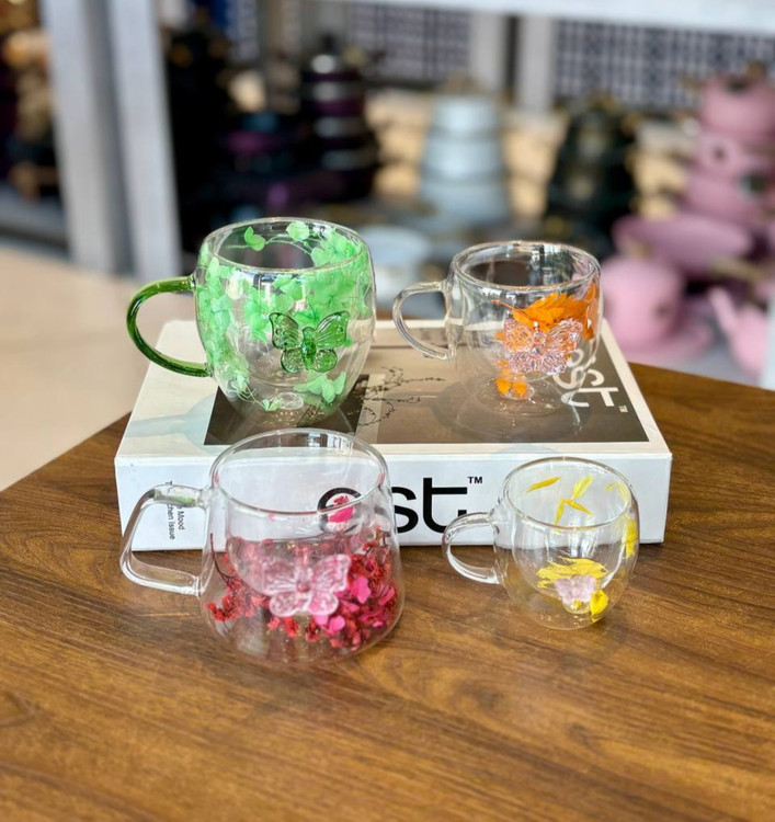 لیوان دوجداره پیرکس فانتزی با طرح پروانه