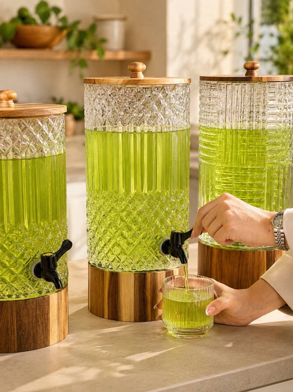 کلمن شیشه‌ای طرح‌دار Glass Ware با پایه چوبی