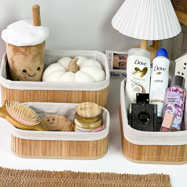 پک سه عددی سبد نظم دهنده بامبو در سه سایز مناسب آشپزخانه و کابینت